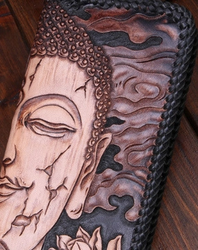 Handmade leather clutch long wallet leather men Buddha black tooled wallet