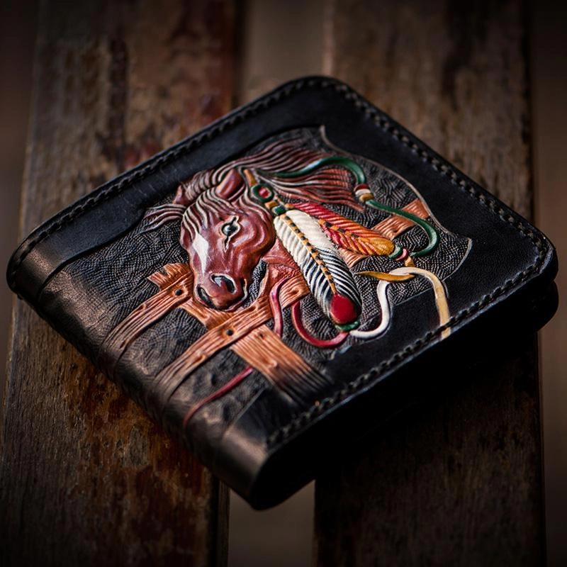 Handmade Leather Fine Horse Tooled Mens billfold Wallet Cool Leather Wallet Slim Wallet for Men