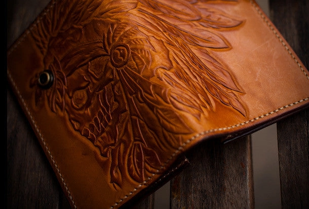 Handmade leather indian chief skull brown coffee carved biker wallet trucker billfold wallet for men