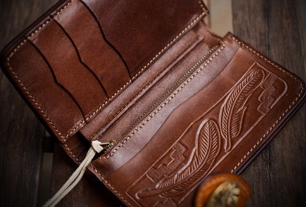 Handmade leather indian chief skull brown coffee carved biker wallet trucker billfold wallet for men