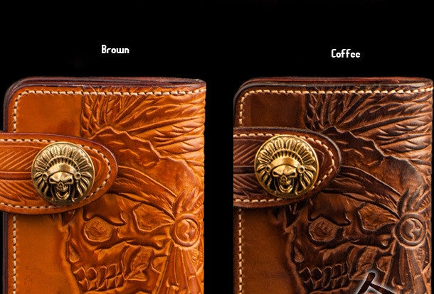 Handmade leather indian chief skull brown coffee carved biker wallet trucker billfold wallet for men