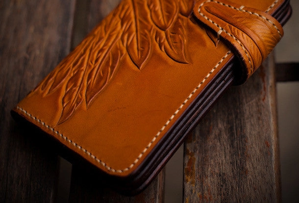 Handmade leather indian chief skull brown coffee carved biker wallet trucker billfold wallet for men