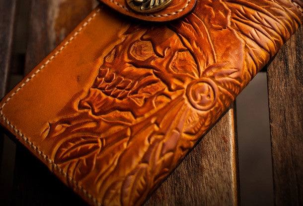 Handmade leather indian chief skull brown coffee carved biker wallet trucker billfold wallet for men