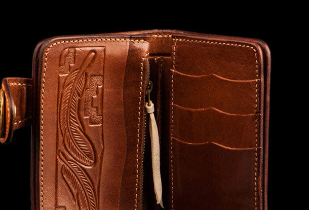 Handmade leather indian chief skull brown coffee carved biker wallet trucker billfold wallet for men