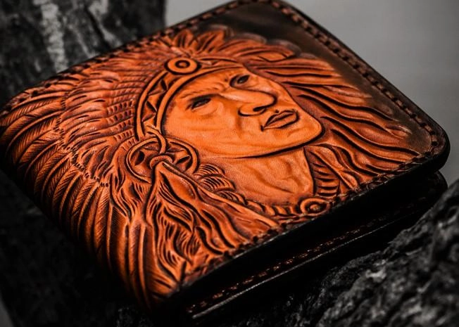 Handmade Leather Indian Chief Tooled Mens billfold Wallet Cool Leather Wallet Slim Wallet for Men