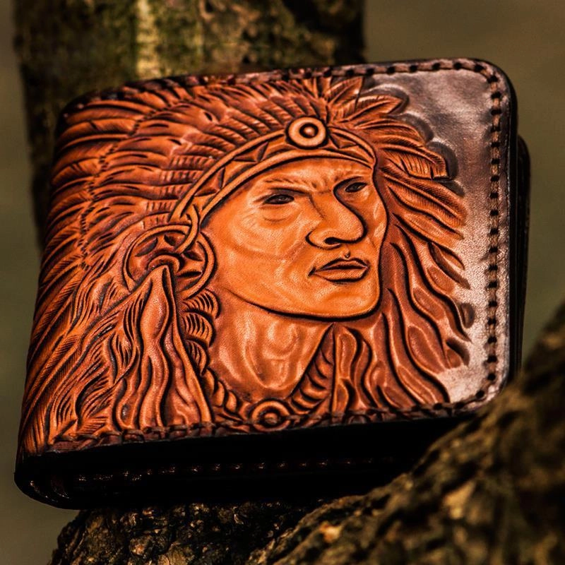 Handmade Leather Indian Chief Tooled Mens billfold Wallet Cool Leather Wallet Slim Wallet for Men