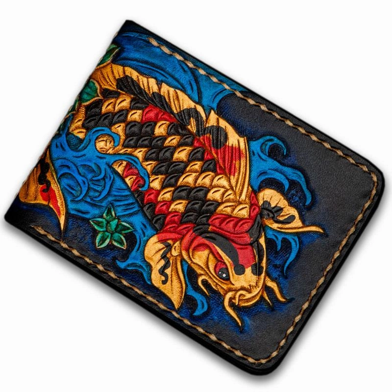Handmade Leather License Wallet Tooled Carp Mens billfold Wallet Cool Leather Wallet Slim Wallet for Men