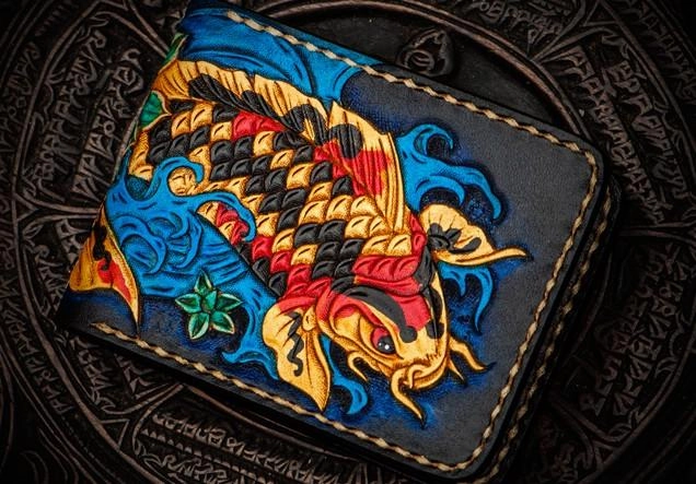 Handmade Leather License Wallet Tooled Carp Mens billfold Wallet Cool Leather Wallet Slim Wallet for Men