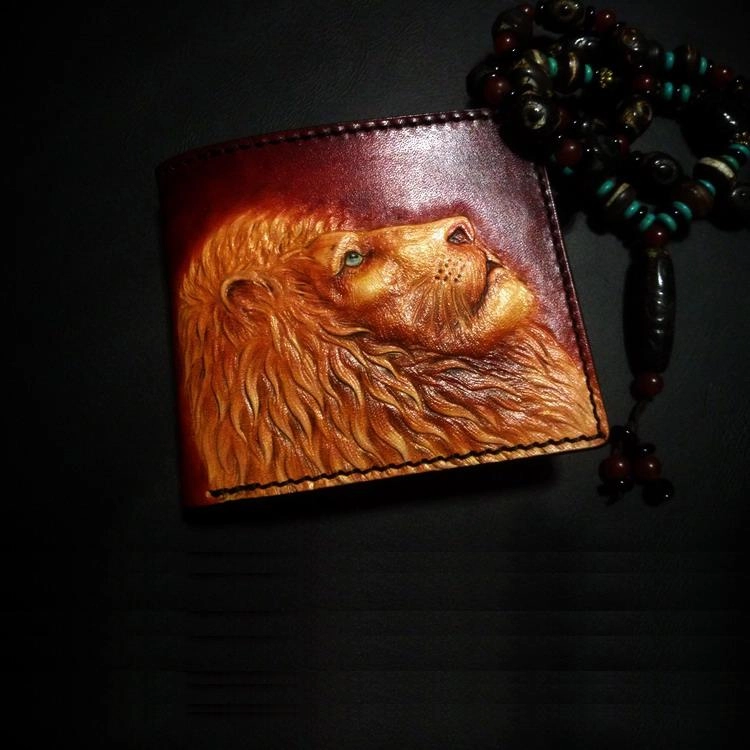 Handmade Leather Lion Tooled Mens billfold Wallet Cool Leather Wallet Slim Wallet for Men