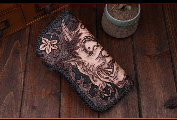 Handmade leather Long biker trucker wallet leather chain men Buddha black wallet