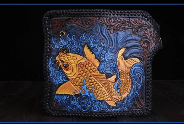 Handmade Leather Long Black Biker Wallet Leather Chain Wallet Men Red Carp Tooled Wallets