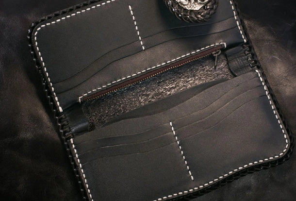 Handmade Leather Long Black Biker Wallet Trucker Wallet Leather Chain Men Red Carp Tooled Wallet