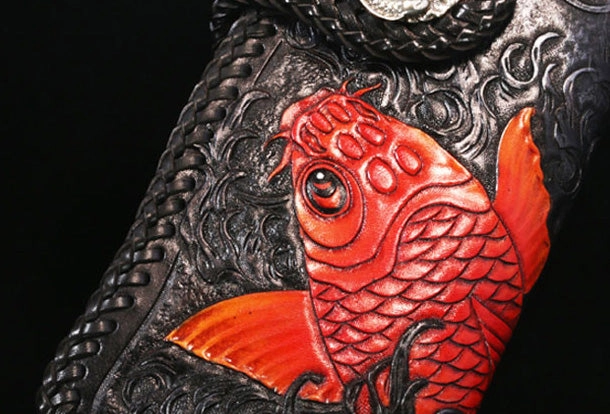 Handmade Leather Long Black Biker Wallet Trucker Wallet Leather Chain Men Red Carp Tooled Wallet