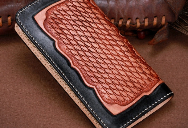 Handmade leather Long Black Chinese Lion wallet leather men zip clutch Tooled wallet