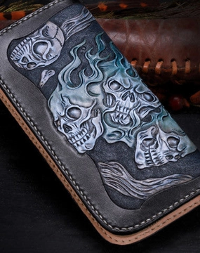 Handmade leather Long black skull wallet leather zipper Men clutch Tooled wallet