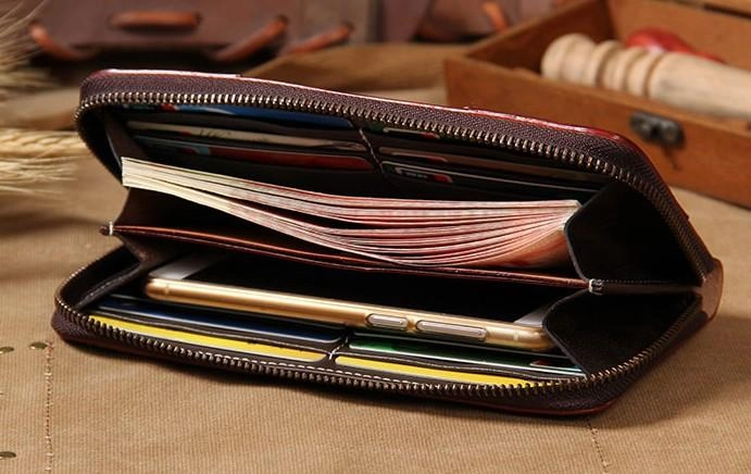 Handmade Leather Long Coffee Mens Clutch Wallet Vintage Zipper Wallet for Men