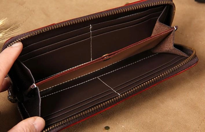 Handmade Leather Long Coffee Mens Clutch Wallet Vintage Zipper Wallet for Men