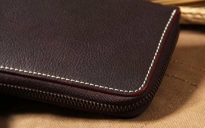Handmade Leather Long Coffee Mens Clutch Wallet Vintage Zipper Wallet for Men