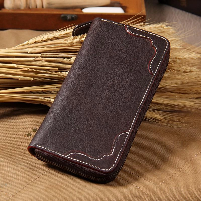 Handmade Leather Long Coffee Mens Clutch Wallet Vintage Zipper Wallet for Men