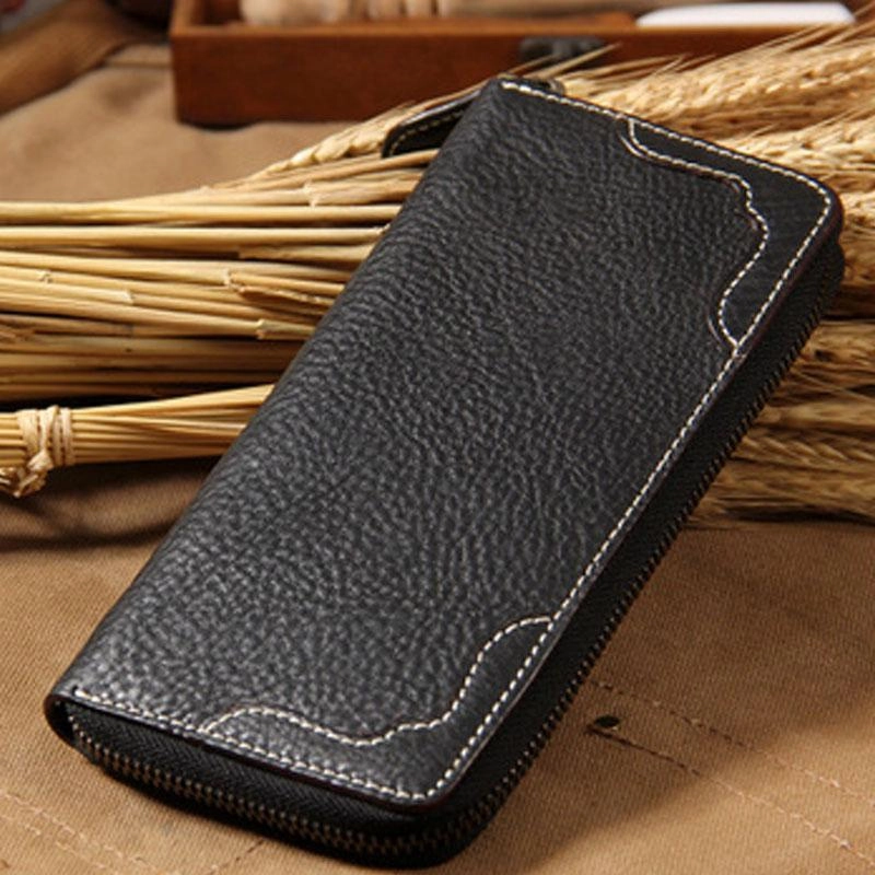 Handmade Leather Long Coffee Mens Clutch Wallet Vintage Zipper Wallet for Men