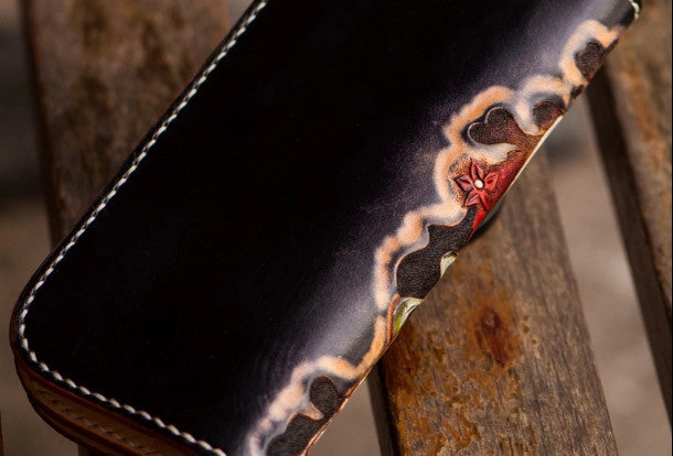 Handmade leather long tooled wallet black Thor men Carved Tooled wallet