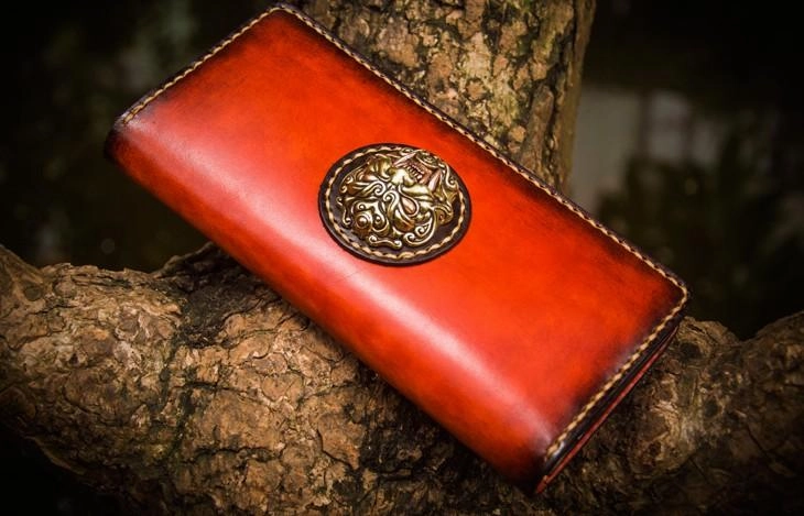 Handmade Leather Men Cool Leather Wallets Long Bifold Wallets for Men