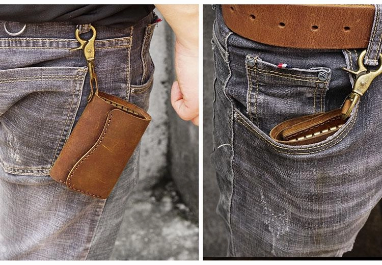 Handmade Leather Mens Billfold Wallet Key Wallets Slim Trifold Key Holder Wallet for Men