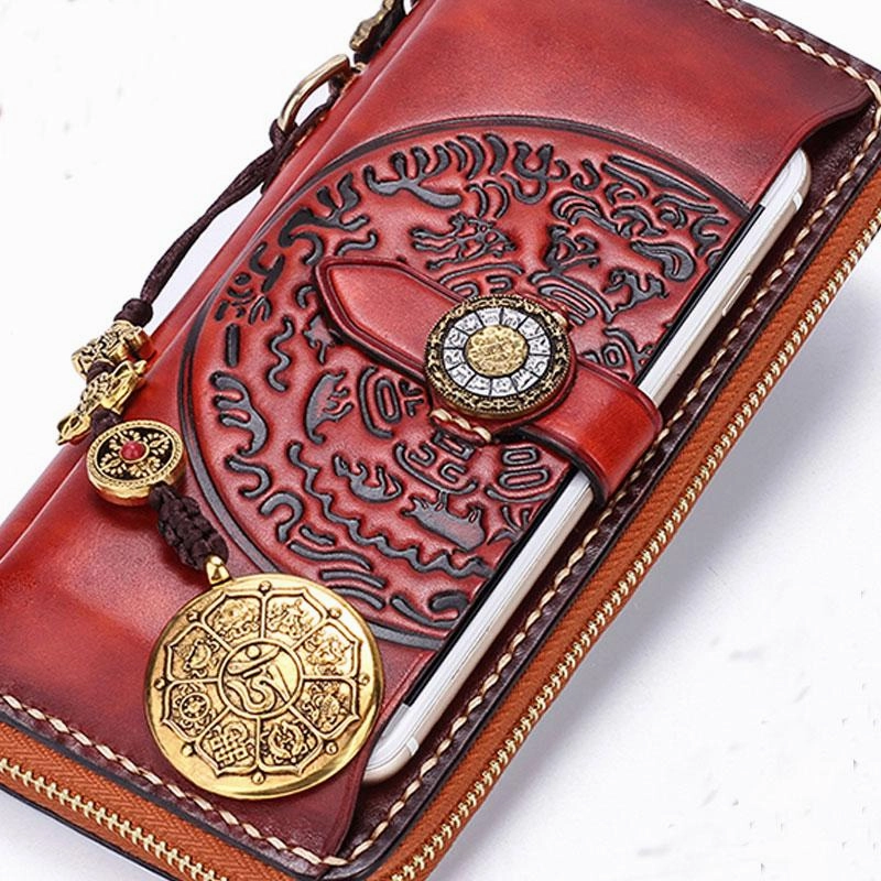 Handmade Leather Mens Chain Biker Wallet Cool Leather Wallet Long Phone Wallets for Men