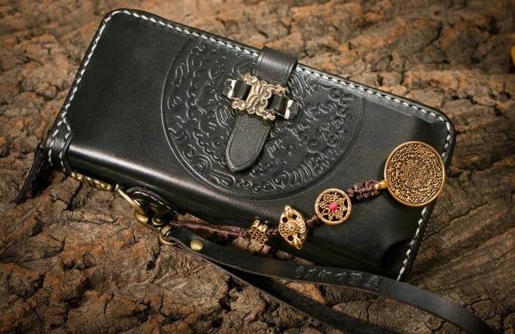 Handmade Leather Mens Chain Biker Wallet Cool Leather Wallet Long Phone Wallets for Men