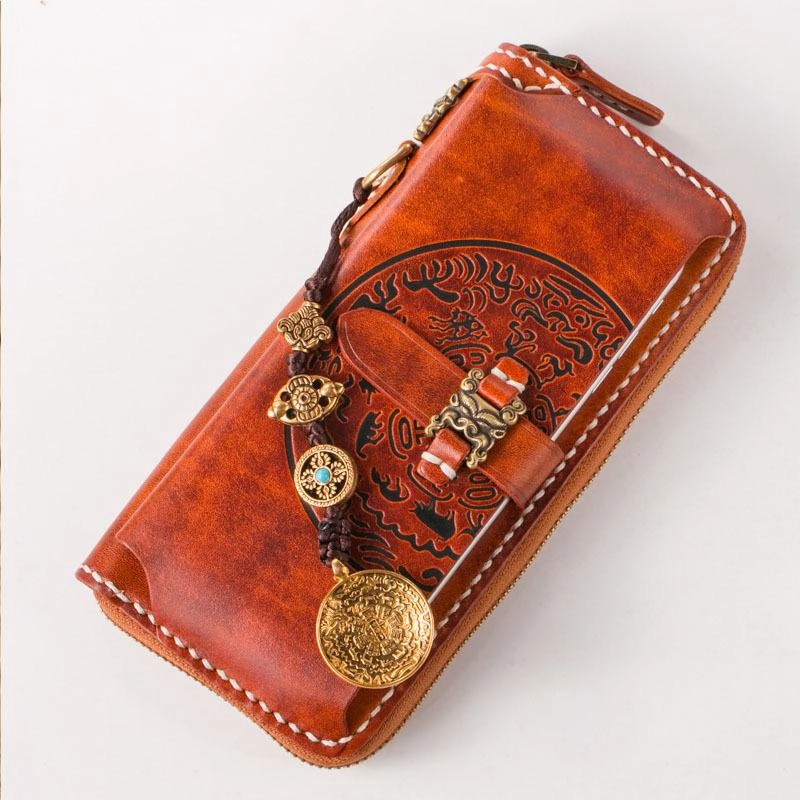 Handmade Leather Mens Chain Biker Wallet Cool Leather Wallet Long Phone Wallets for Men