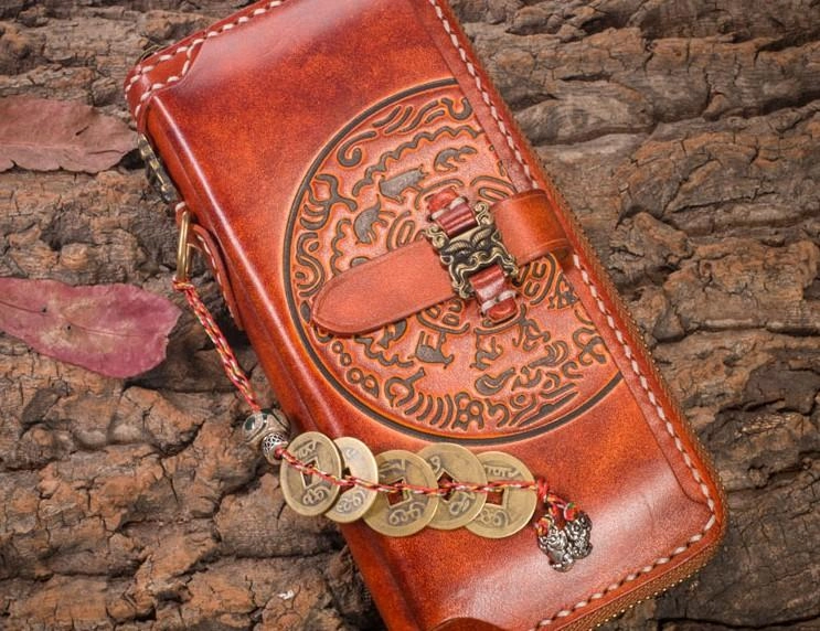 Handmade Leather Mens Chain Biker Wallet Cool Leather Wallet Long Phone Wallets for Men