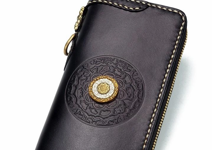 Handmade Leather Mens Chain Biker Wallet Tibetan Cool Leather Wallet Long Phone Wallets for Men