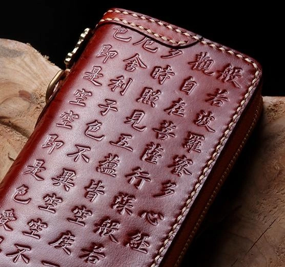 Handmade Leather Mens Chain Prajna Paramita Biker Wallet Cool Leather Wallet Long Phone Wallets for Men