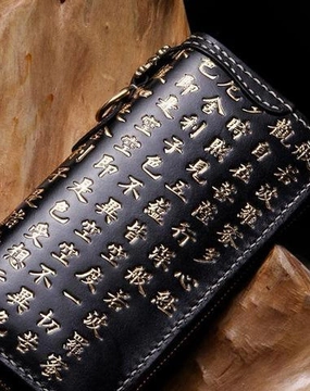 Handmade Leather Mens Chain Prajna Paramita Biker Wallet Cool Leather Wallet Long Phone Wallets for Men