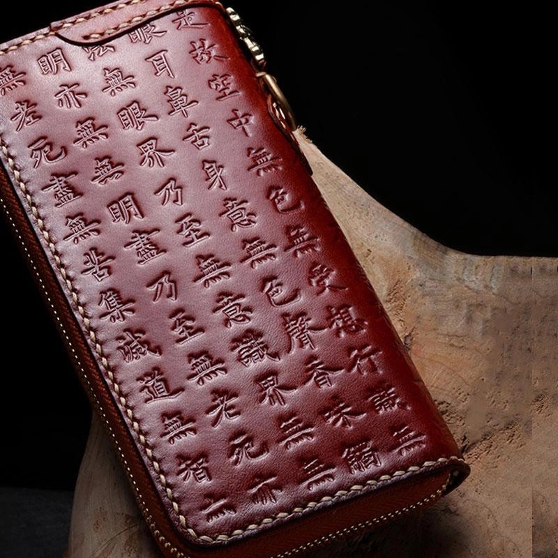 Handmade Leather Mens Chain Prajna Paramita Biker Wallet Cool Leather Wallet Long Phone Wallets for Men