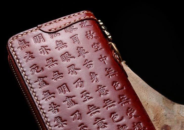 Handmade Leather Mens Chain Prajna Paramita Biker Wallet Cool Leather Wallet Long Phone Wallets for Men