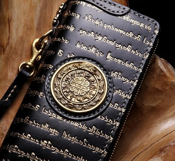 Handmade Leather Mens Chain Tibetan Biker Wallet Cool Leather Wallet Long Phone Wallets for Men