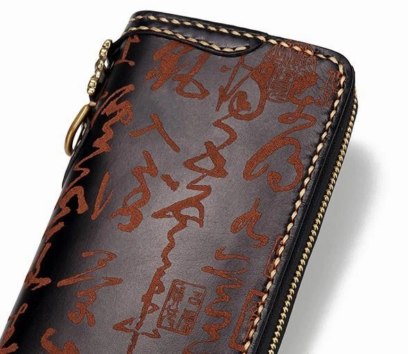Handmade Leather Mens Chinese Handwriting Biker Chain Wallet Cool Leather Wallet Long Wallets for Men