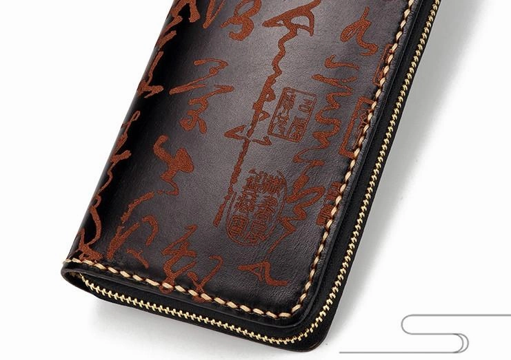 Handmade Leather Mens Chinese Handwriting Biker Chain Wallet Cool Leather Wallet Long Wallets for Men