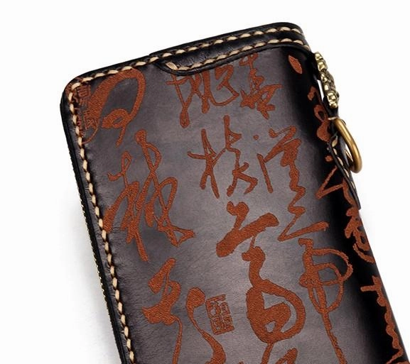 Handmade Leather Mens Chinese Handwriting Biker Chain Wallet Cool Leather Wallet Long Wallets for Men
