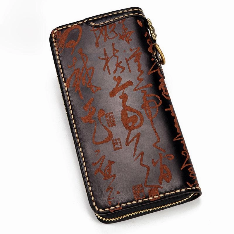 Handmade Leather Mens Chinese Handwriting Biker Chain Wallet Cool Leather Wallet Long Wallets for Men