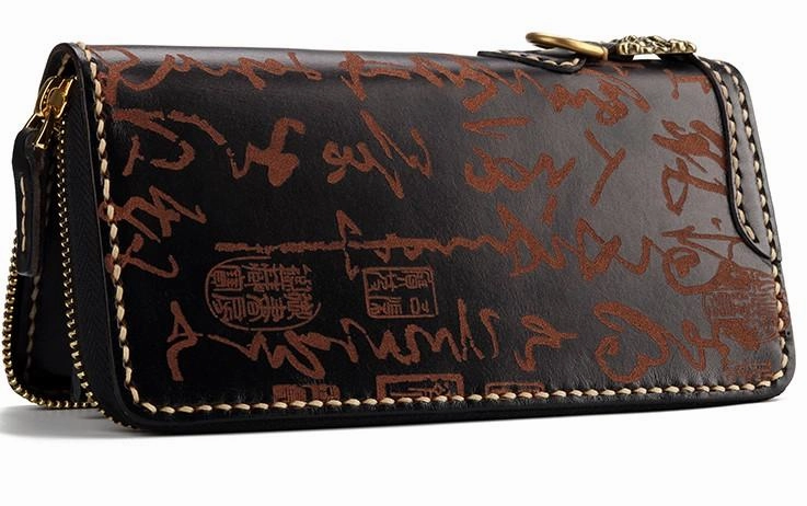 Handmade Leather Mens Chinese Handwriting Biker Chain Wallet Cool Leather Wallet Long Wallets for Men