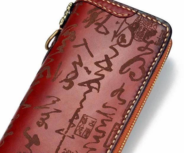 Handmade Leather Mens Chinese Handwriting Biker Chain Wallet Cool Leather Wallet Long Wallets for Men