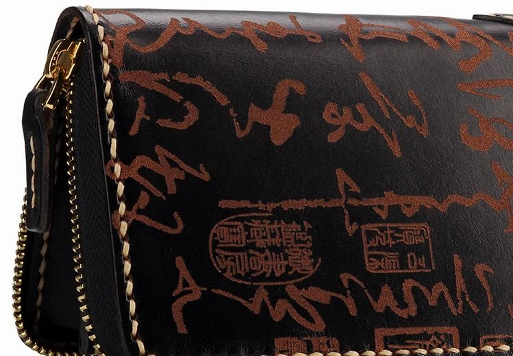 Handmade Leather Mens Chinese Handwriting Biker Chain Wallet Cool Leather Wallet Long Wallets for Men