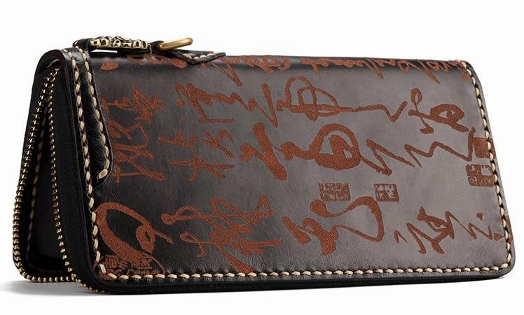 Handmade Leather Mens Chinese Handwriting Biker Chain Wallet Cool Leather Wallet Long Wallets for Men