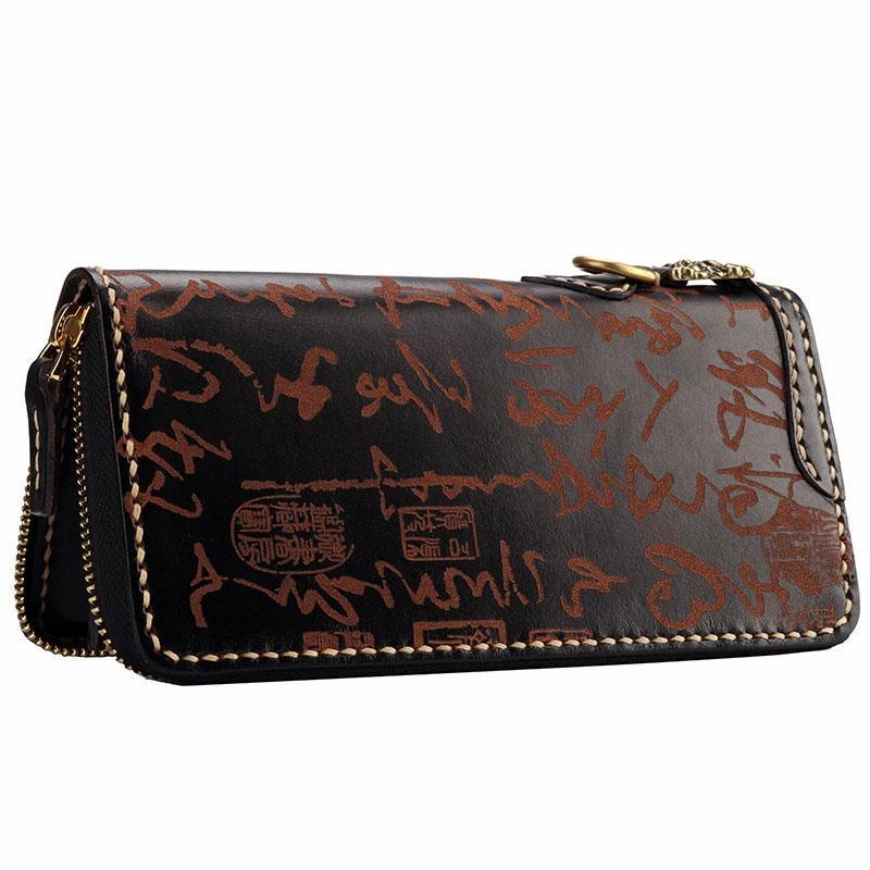 Handmade Leather Mens Chinese Handwriting Biker Chain Wallet Cool Leather Wallet Long Wallets for Men