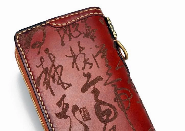 Handmade Leather Mens Chinese Handwriting Biker Chain Wallet Cool Leather Wallet Long Wallets for Men