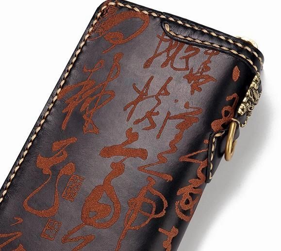 Handmade Leather Mens Chinese Handwriting Biker Chain Wallet Cool Leather Wallet Long Wallets for Men