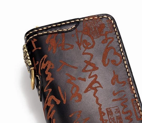 Handmade Leather Mens Chinese Handwriting Biker Chain Wallet Cool Leather Wallet Long Wallets for Men