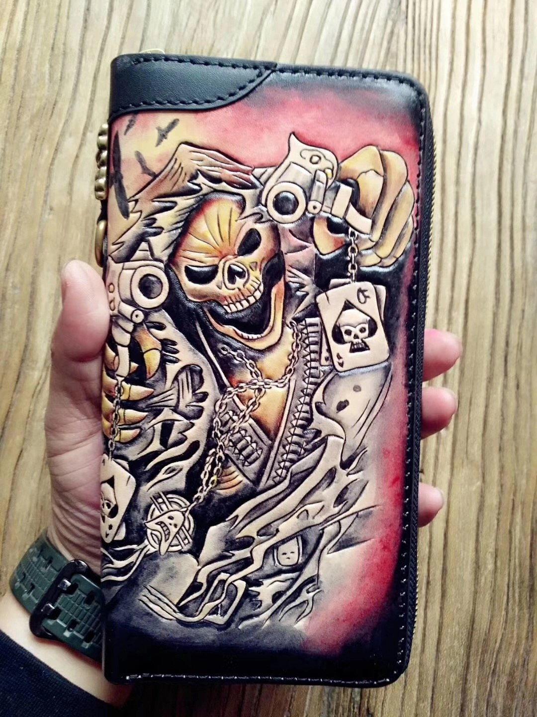 Handmade Leather Mens Clutch Wallet Cool Skull Ghost Rider Tooled Chain Wallet Biker Wallets for Men